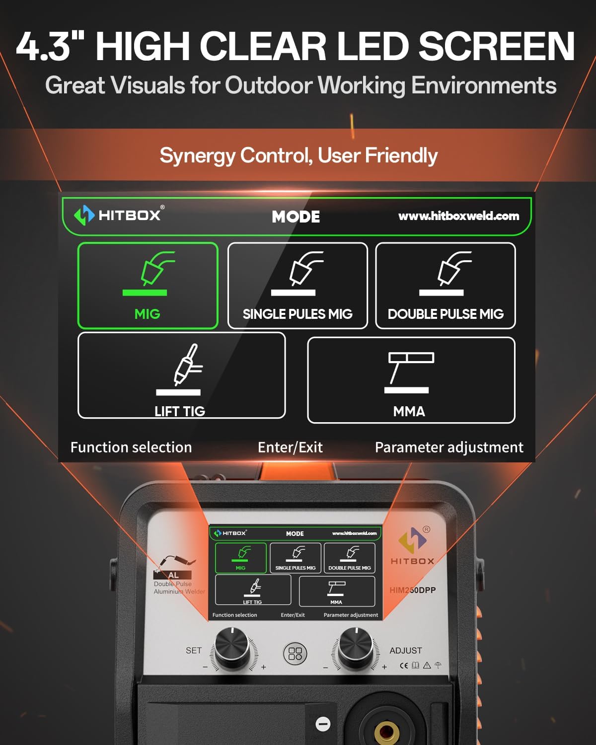 Close-up of the 4.3-inch high-clear LED screen on the HITBOX HIM250DPP welder, showing mode selection and parameter adjustment options.