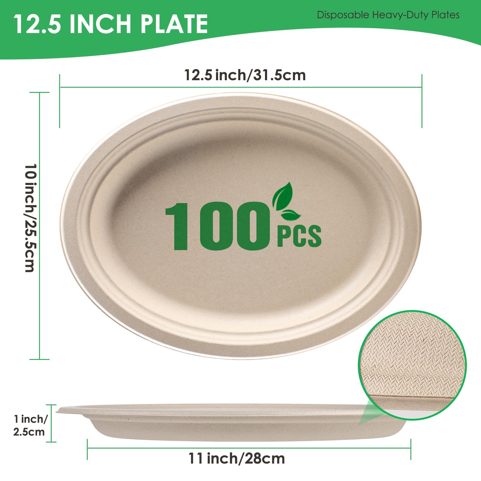 Gezond Platos de papel ovalados 100 % compostables de 12 pulgadas, paquete de 100 platos grandes desechables resistentes y ecológicos, platos de fibra de caña de azúcar, biodegradables para fiestas,