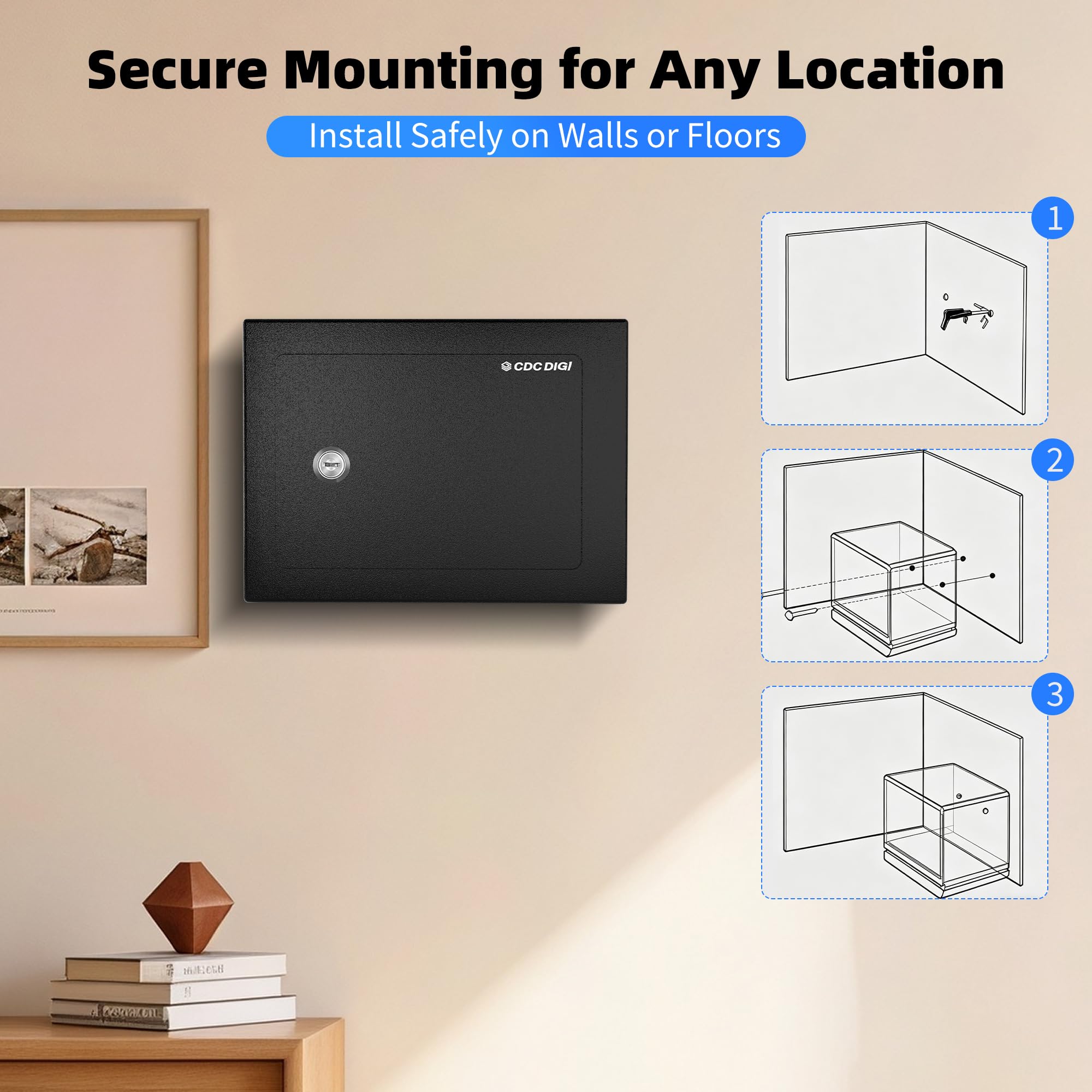 CDC DIGI Cassetta di sicurezza in acciaio con serratura a chiave, cassetta di sicurezza per casa, ufficio, denaro, gioielli, documenti e oggetti di valore, 0,23 cm di larghezza x 17 cm di profondità x