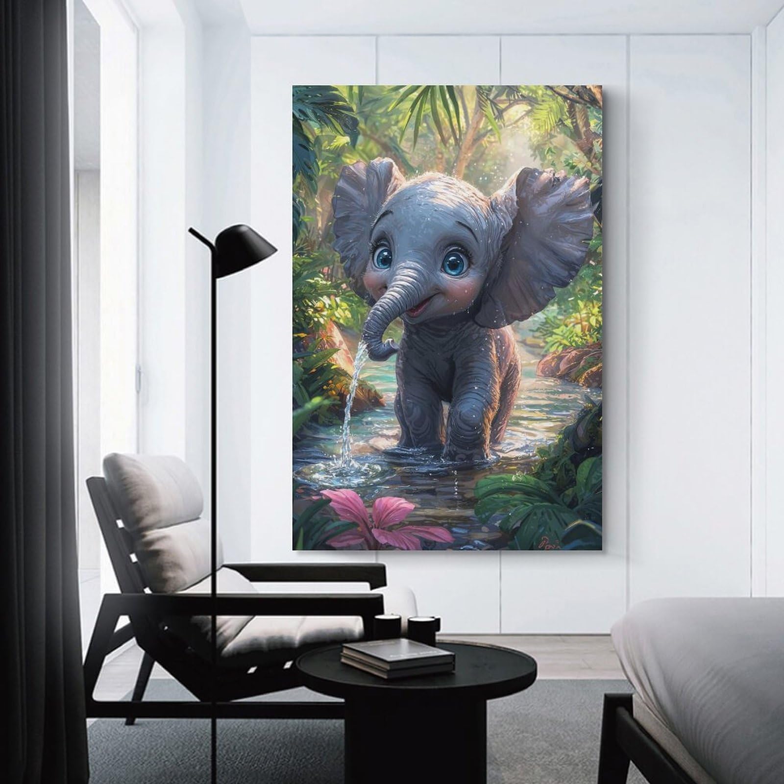 Junmoney Unframe-Style-20 Cute Elephant In Jungle Stream Hanging Wall Art, 12X18inch(30X45cm), For Bedroom Decor, Cosy Corners Or Studios, An Easy Wall Refresh For Bedrooms
