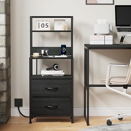 Miniatura 7 de Furnulem Mesita de noche alta con estantes de 4 niveles, 2 cajones de tela y tubo de luz, mesas auxiliares de cama con estación de carga, mesita de