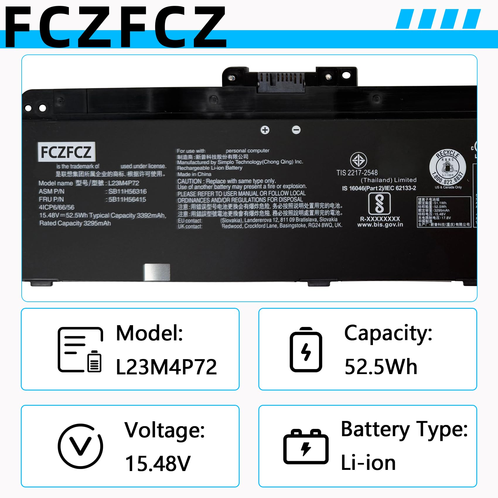 Amazon.com: FCZFCZ L23M4P72 Battery 52.5Wh 3392mAh Replacement for