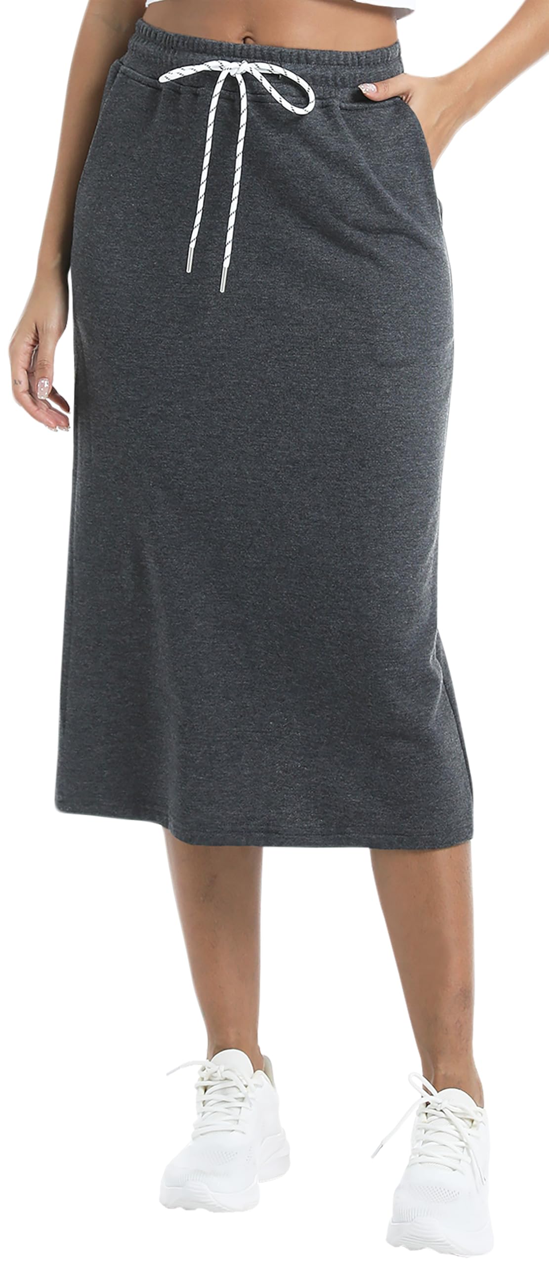 Womens Casual High Waist Elastic Drawstring Stretch Sweat Slit Midi Skirt with Pocket