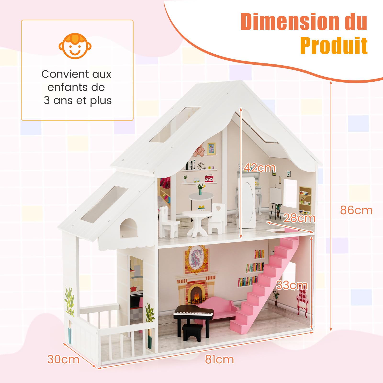 COSTWAY Maison de Poupée en Bois à 2 Etages avec 6 Pièces & 8 Meubles, Maison de Rêve avec Autocollants & Motifs Mignons, Jeu d’Imitation pour Enfants de 3 Ans+, 81 x 30 x 86 cm