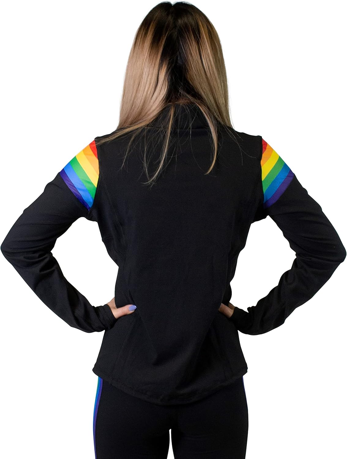Rainbow Striped Women's Full Zip-Up Yoga Track Jacket (Black)