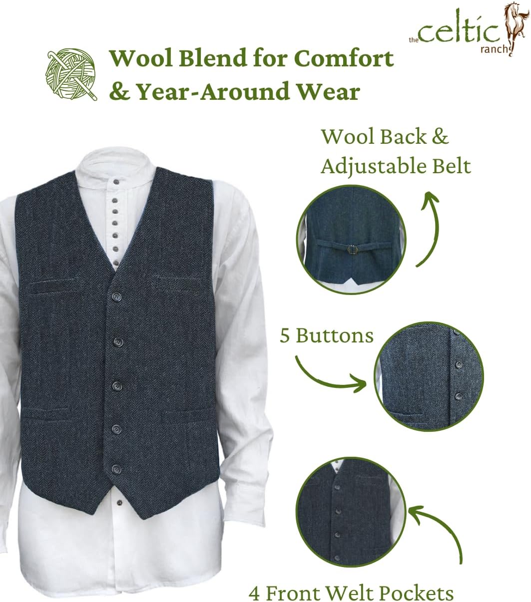 The Celtic Ranch Wool Blend Irish Tweed Mens Vest with Full Back, Adjustable Fabric Belt, 4 Pockets, and Herringbone Pattern - Image 2