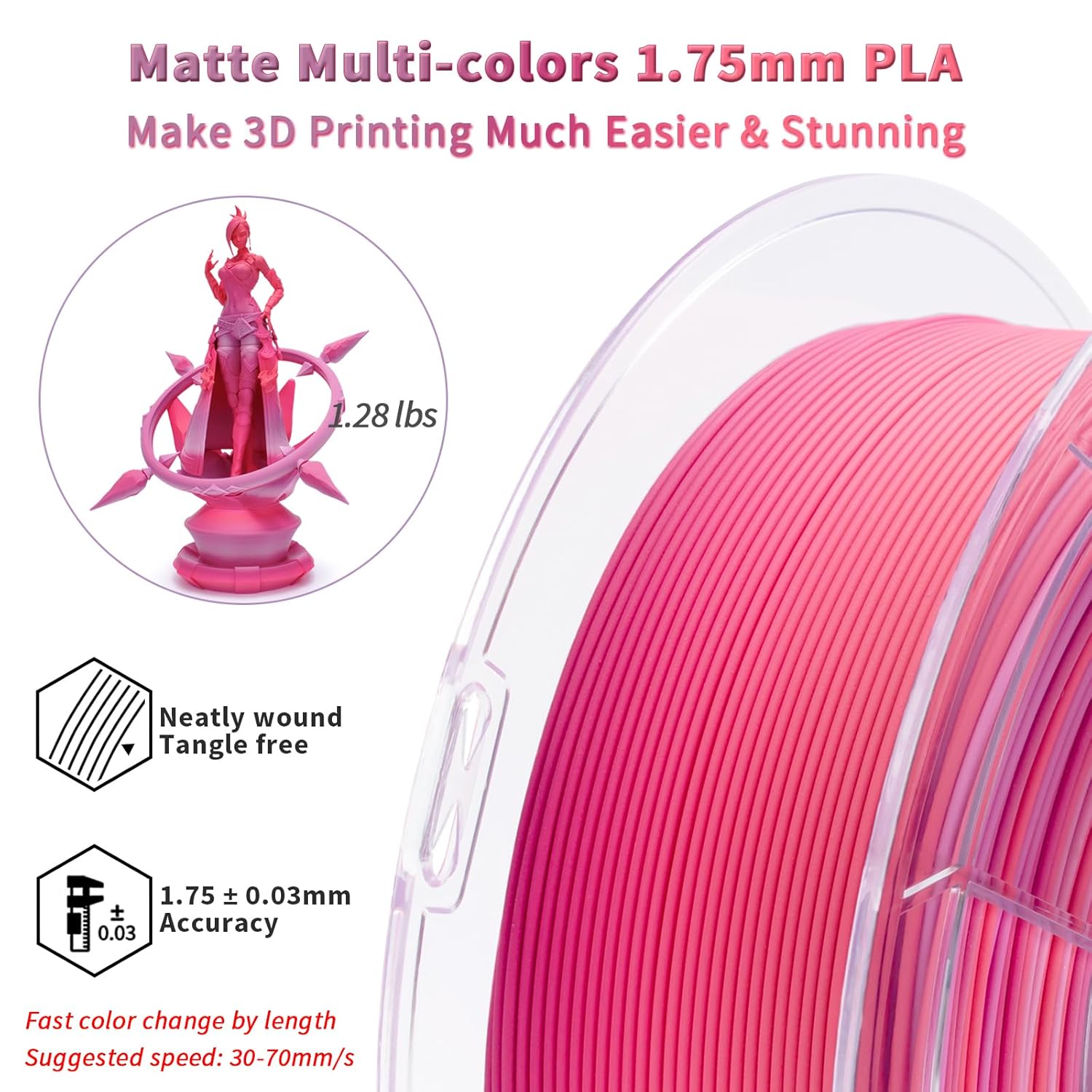 ZIRO Fast Gradient PLA 1.75mm, Matte Texture Rainbow Filament for 3D Printing, Fit Most 3D Printers and Pen, 2.2lbs Spool PLA Material, Pink Hydrangea - Image 4