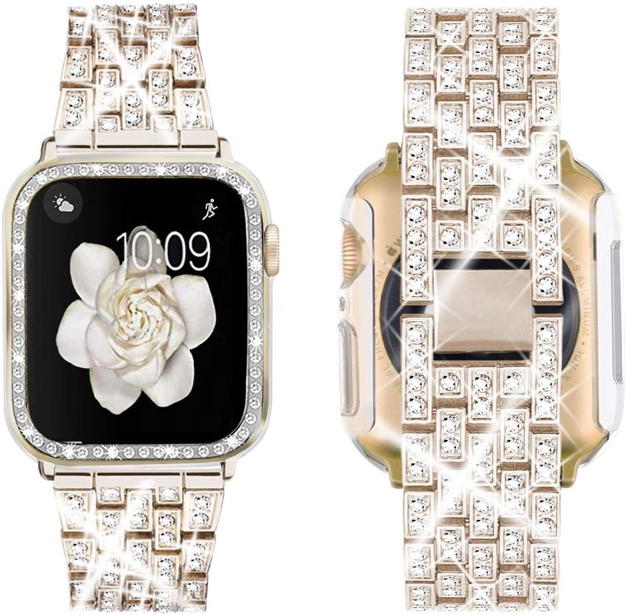 Supoix Compatible with Apple Watch Band 38/40/41/42/44/45/46/49mm+ Case, Women Jewelry Bling Diamond Rhinestone Replacement Metal Bands & 2 Pack PC Protector Case for iWatch Ultra 3/2/1 Series 11/10/9/8/7/6/5/4/3/2/1/SE