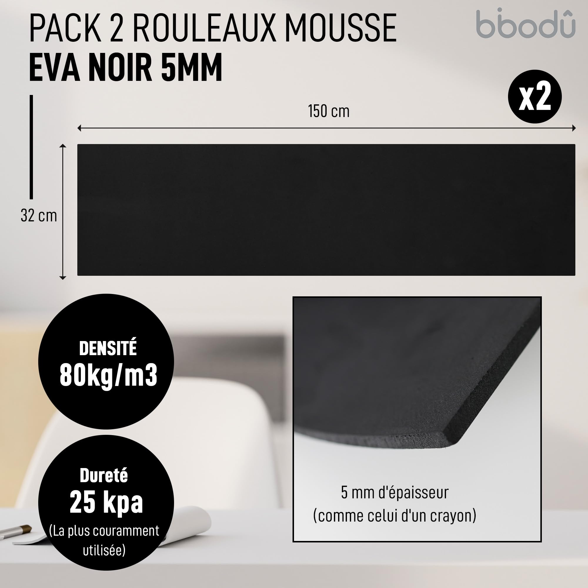 BIBODU Lot 2 Rouleaux Mousse EVA Noire 5mm | Dimensions 150 cm x 32 cm, Densité 80 kg/m3 | Mousse Eva Noir pour Bricolage DIY, Costumes Cosplay, Halloween | Convient aux Enfants et aux Filles