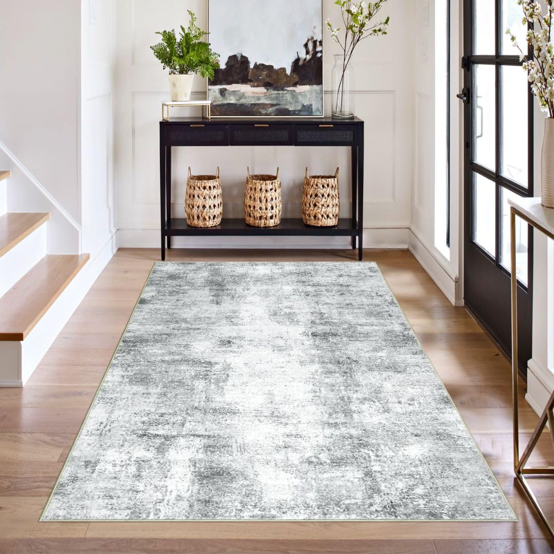Capslpad Machine Washable Rug, Modern Abstract 3x5 Grey Rug, Low Pile Soft Non-Shedding Area Rug for Entryway, Bedside, Living Room, Hardwood Floor