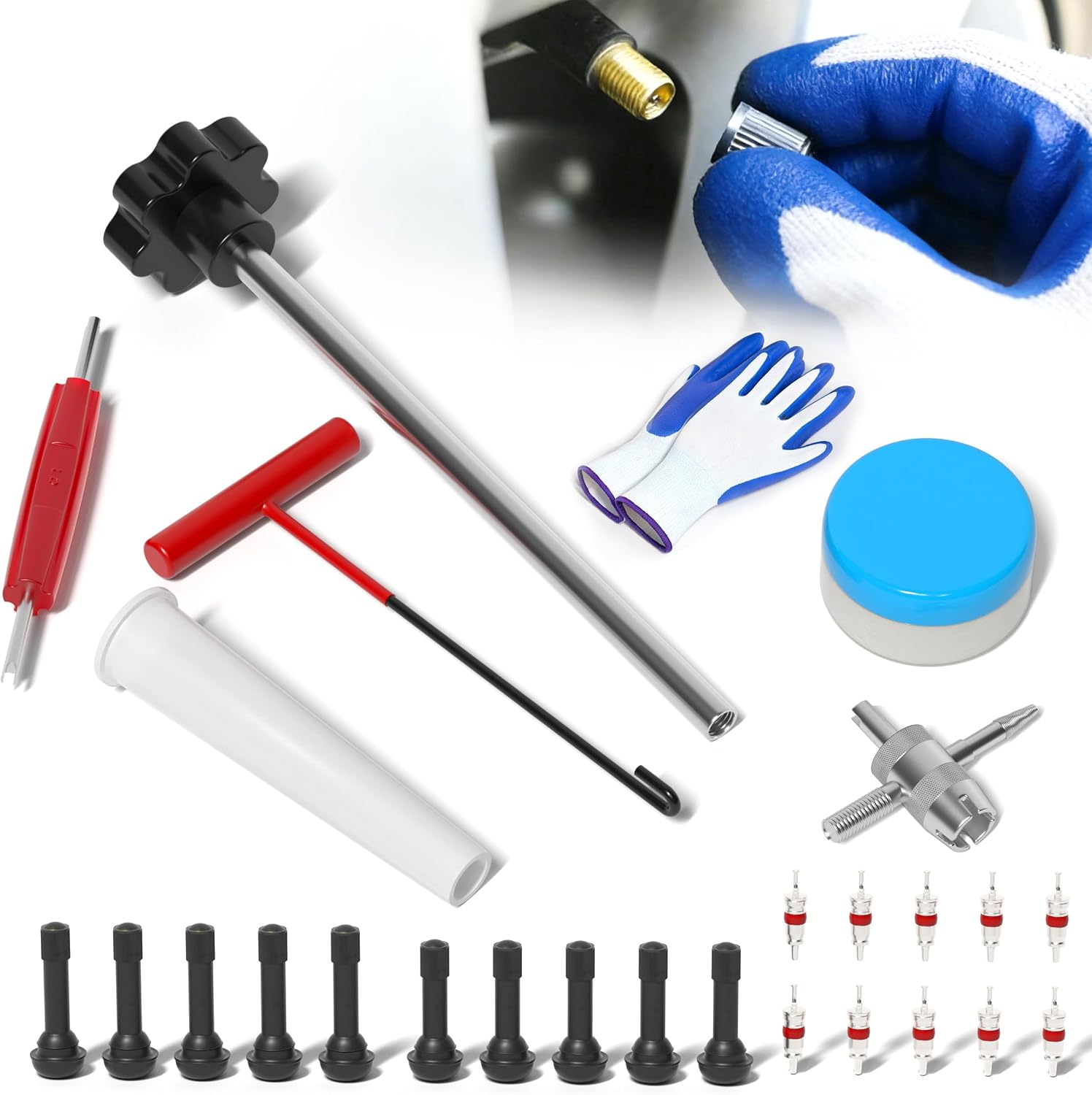 KJE Tire Valve Stem Quick Replacement Tool Kit, Tire Stem Removal Tool, Valve Stem Installation Tool, Tire Valve Stem Tool for Replacing Leaky Valves in Cars,Trucks,ATVs,etc.with TR413/TR414
