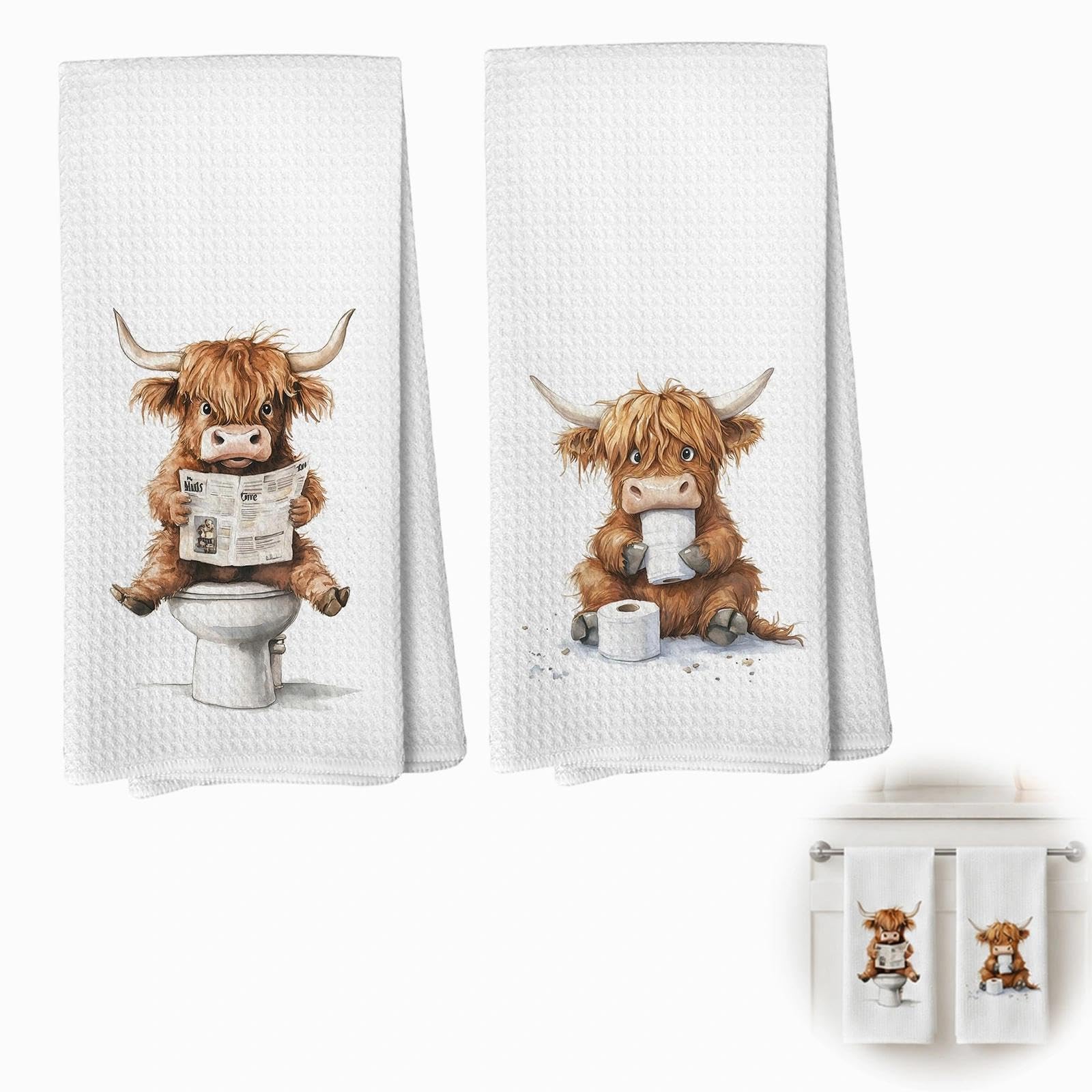 ZENITHYX 2Pcs Highland Cow Tea Towel, Waffle Highland Cow Bathroom Hand Towels, Absorbent Cows Kitchen Hand Towels Set for Women Men Daily Use 15.75 × 23.62 Inch