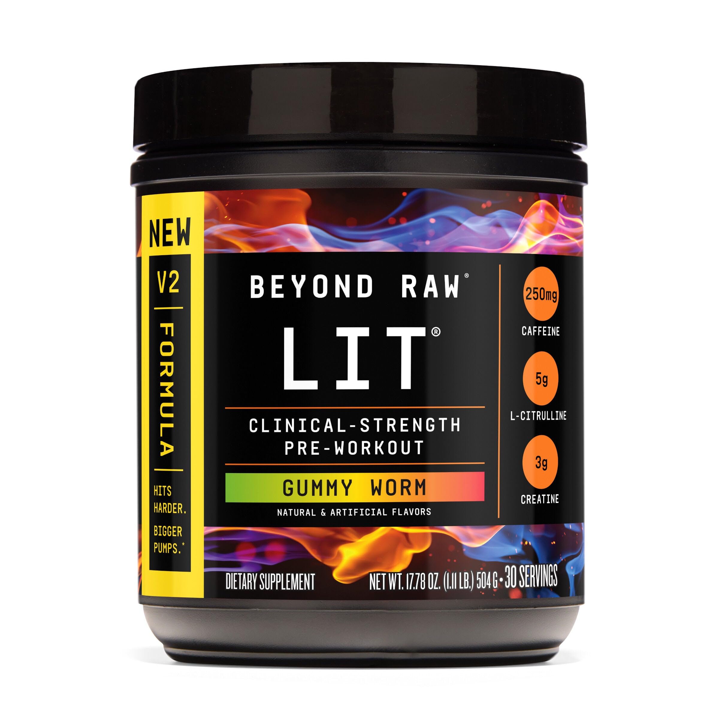 Beyond Raw LIT V2 Clinical Strength Pre Workout Powder, Hits Harder, Bigger Pumps, Caffeine, L-Citrulline, Creatine, Gummy Worm, 30 Servings