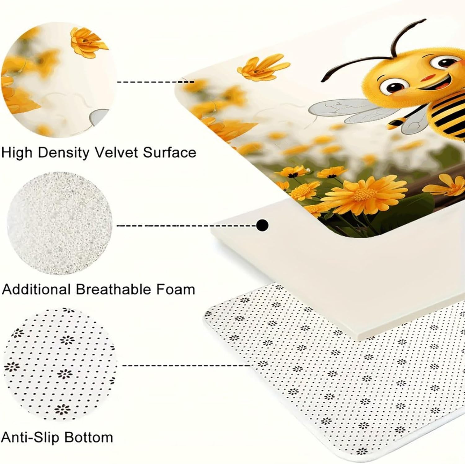 Cute Bees Daisy Flower Kitchen Rugs Set of 3 Non Slip Washable Kitchen Mats for Floor Soft Area Rug Kitchen Floor Mat Cushioned Anti Fatigue Mats Standing Sink Mat Decor Runner Rugs