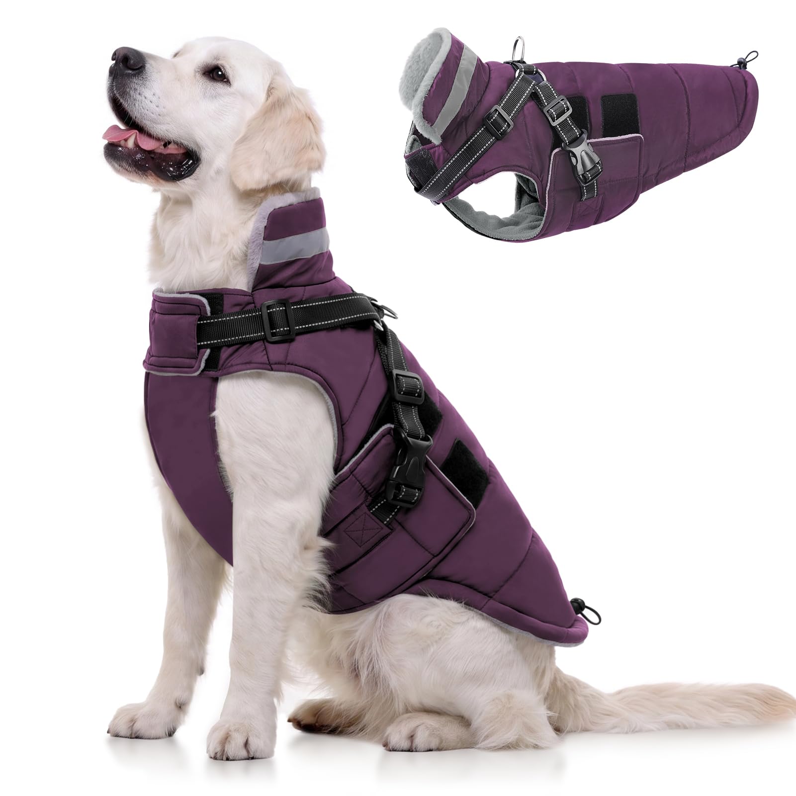 Queenmore Winter Dog Coat for Extra Large Dogs with Harness Built-in