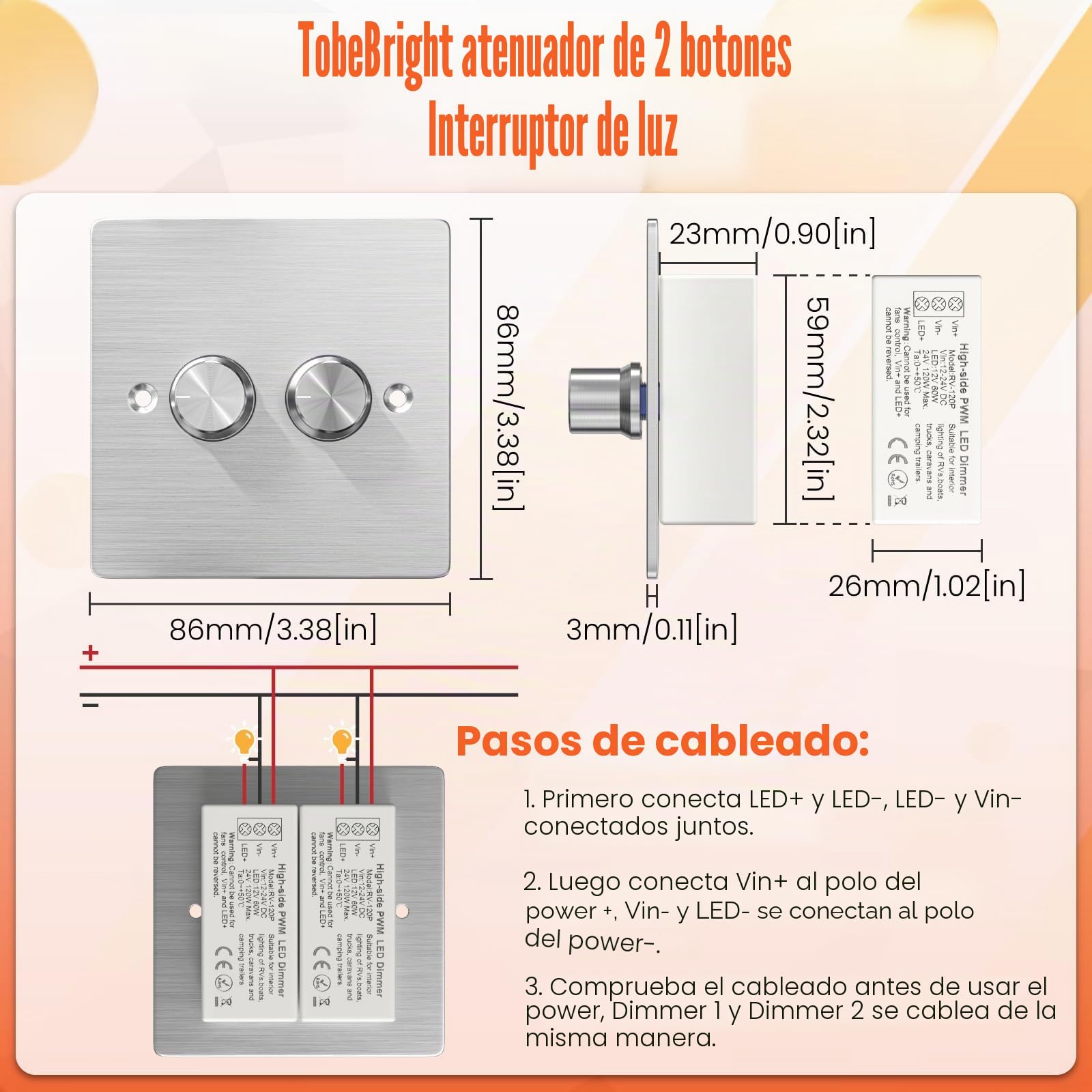 Dimmer Schalter 12V-24V RV Doppeldimmer 120W 5A PWM 2Gang Drehbar für 12V LED-Leuchten im Wohnmobil/Caravervan/Boot/LKW