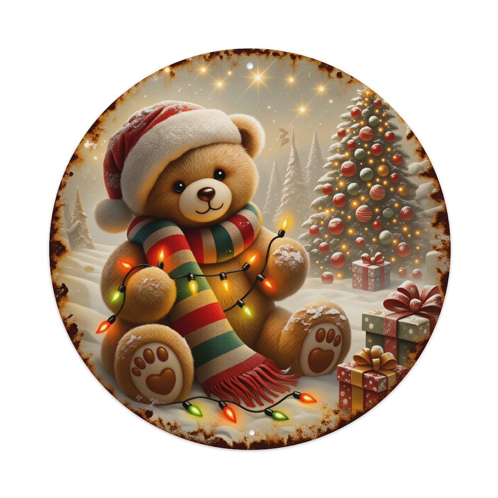 Christmas Bear With Lights And Tree Round Tin Sign Vintage Style Metal Sign Home Bar Garden Wall Plaque Decor Metal Poster 8x8 Inch