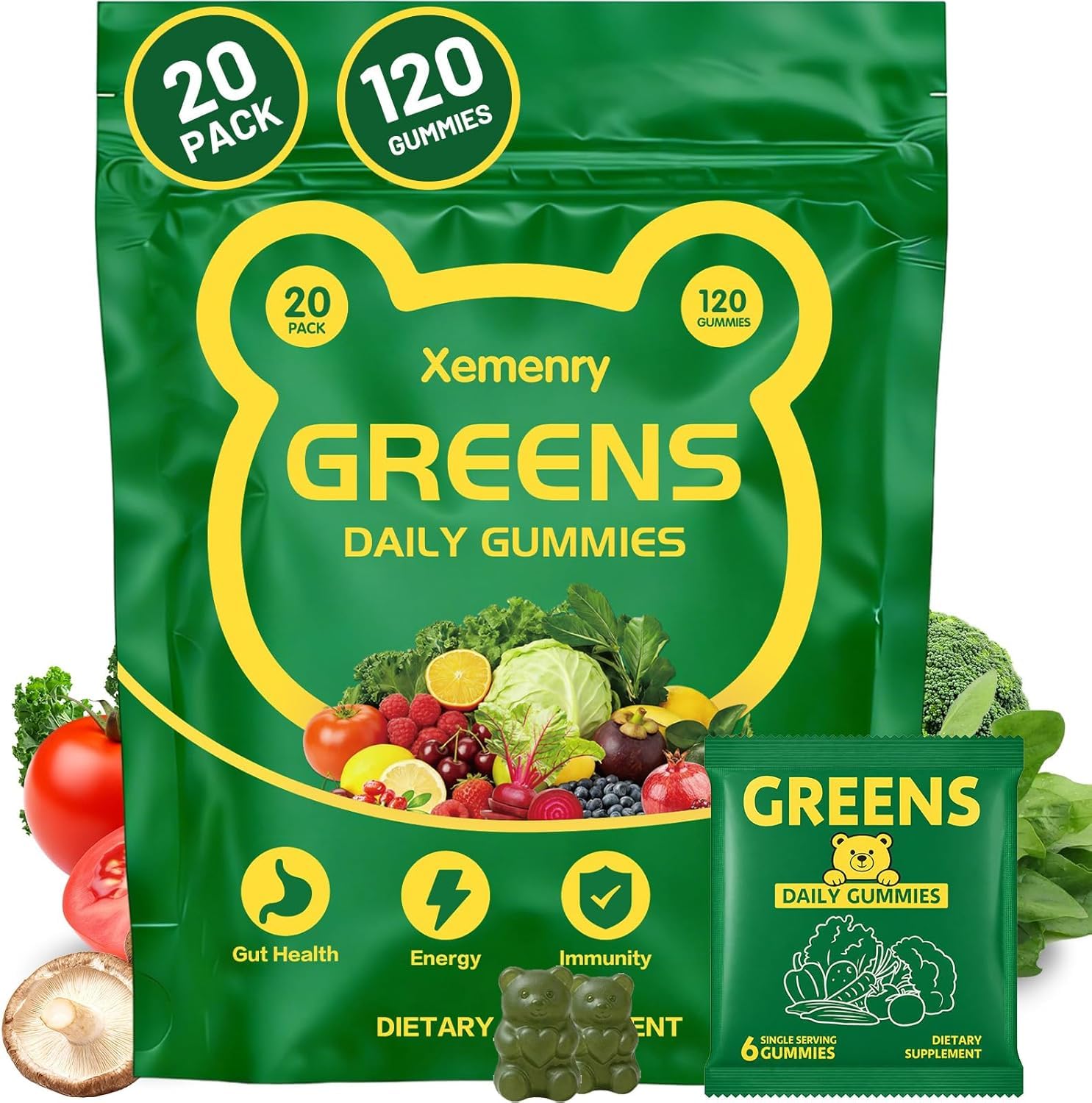 Super Greens Multivitamin Gummies for Adults – with Spirulina, Chlorella, Prebiotic Fiber, Probiotics Adaptogens Supports Digestive Gut Health Daily Energy – 120 Gummies