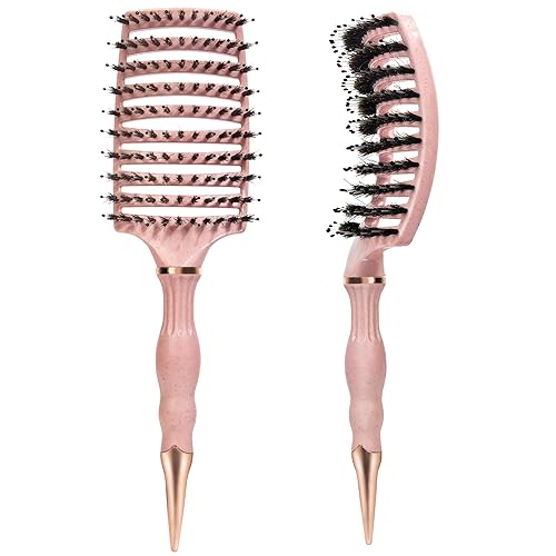 Miniatura 1 de Paquete de 2 cepillos de pelo, cerdas de jabalí, cepillo desenredante para cabello grueso, rizado, fino, largo, corto, húmedo y seco, añade brillo y