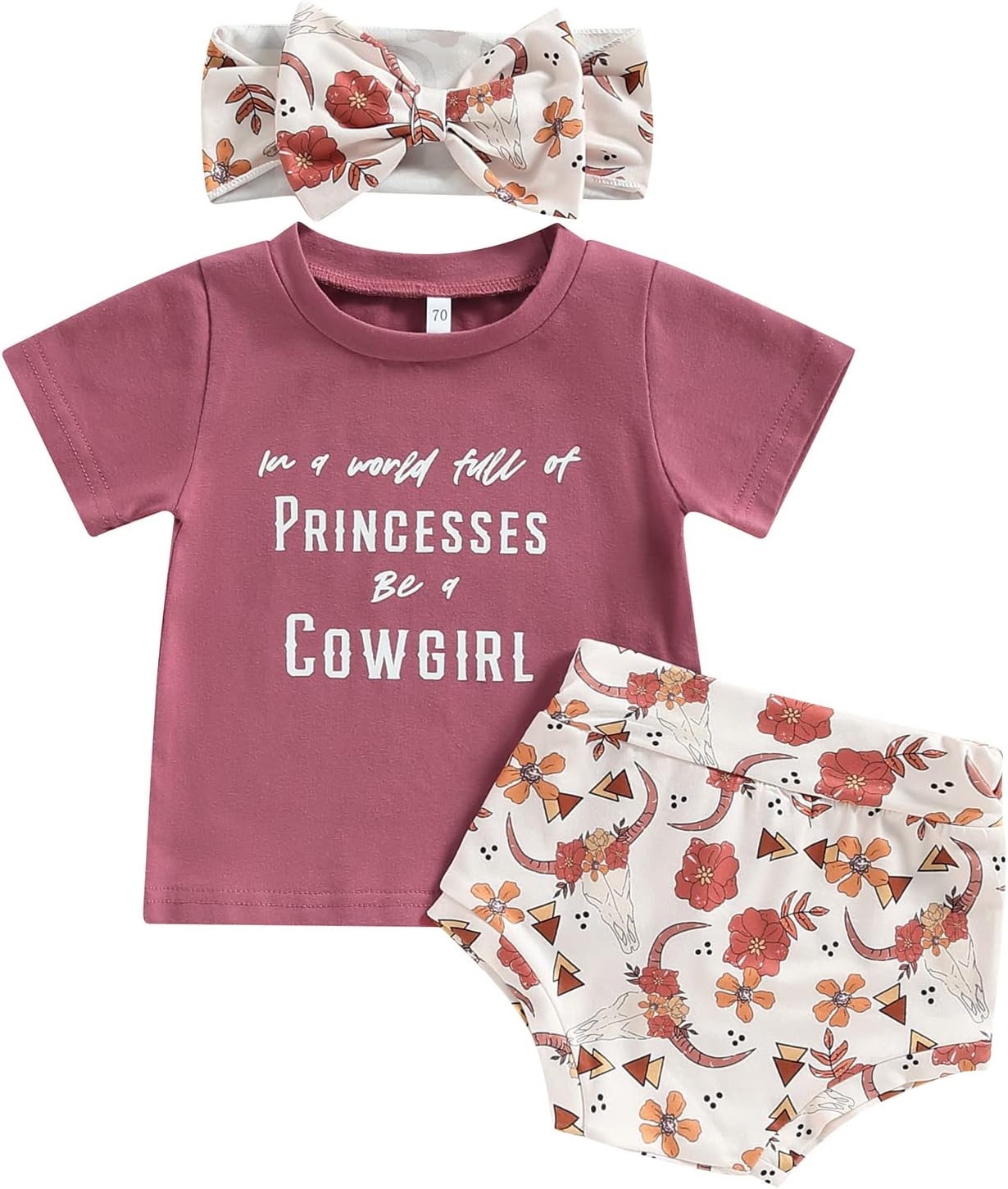 Summer Newborn Outfits Baby Girl Cute Cow Head Tassels Short Sleeve T-Shirt Top and Elastic Shorts Pants Headband