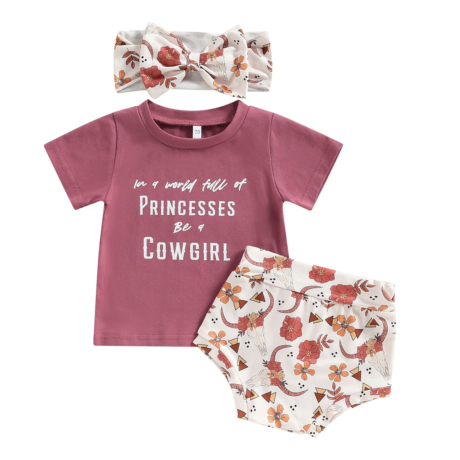 Summer Newborn Outfits Baby Girl Cute Cow Head Tassels Short Sleeve T-Shirt Top and Elastic Shorts Pants Headband