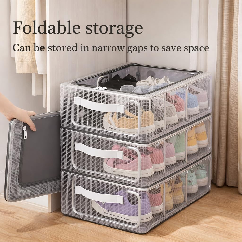 MOZU BAZAAR Shoe Storage Box, Shoe Organizer for Closet, Clear Plastic Stackable Shoe Boxes, Space Saving Foldable Sneaker Shoe Rack Containers Bin Holder 1, (60 x 30 x 15 Cm) Pack Of 1 3