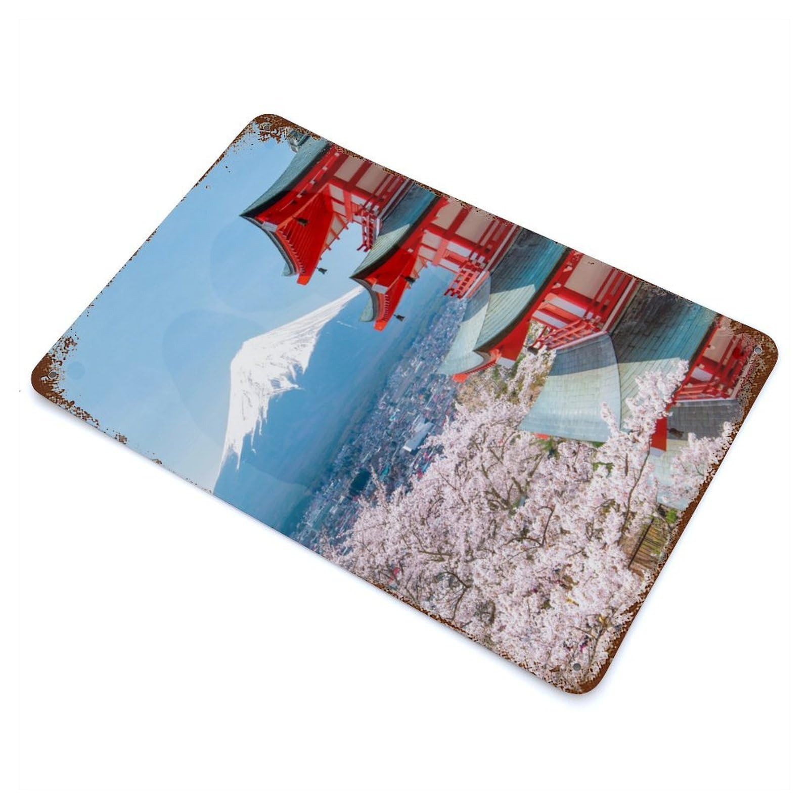 Distressed Metal Wall Sign Mt Fuji And Peace Pagoda 11.8"x7.9", Vintage Wall Decor for Garage, Bar And Workshop Decor