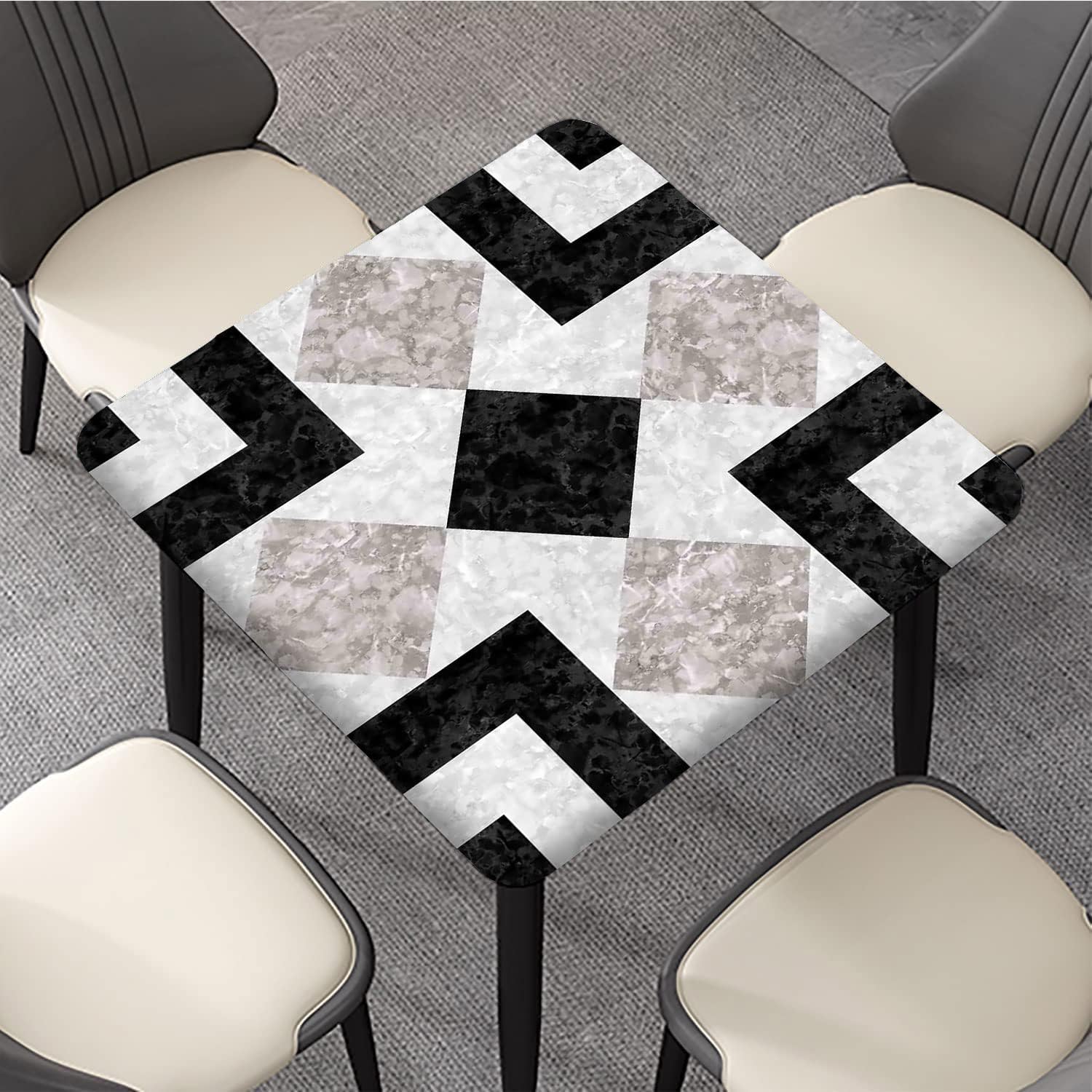 Marble Elastic Edged Polyester Fitted Table Cover, Marble Stone Print Square Table Cloths, for Indoor Outdoor Christmas Party Dinner Patio Decor, Fits Square Table 60 x 60 Inch, Beige Black