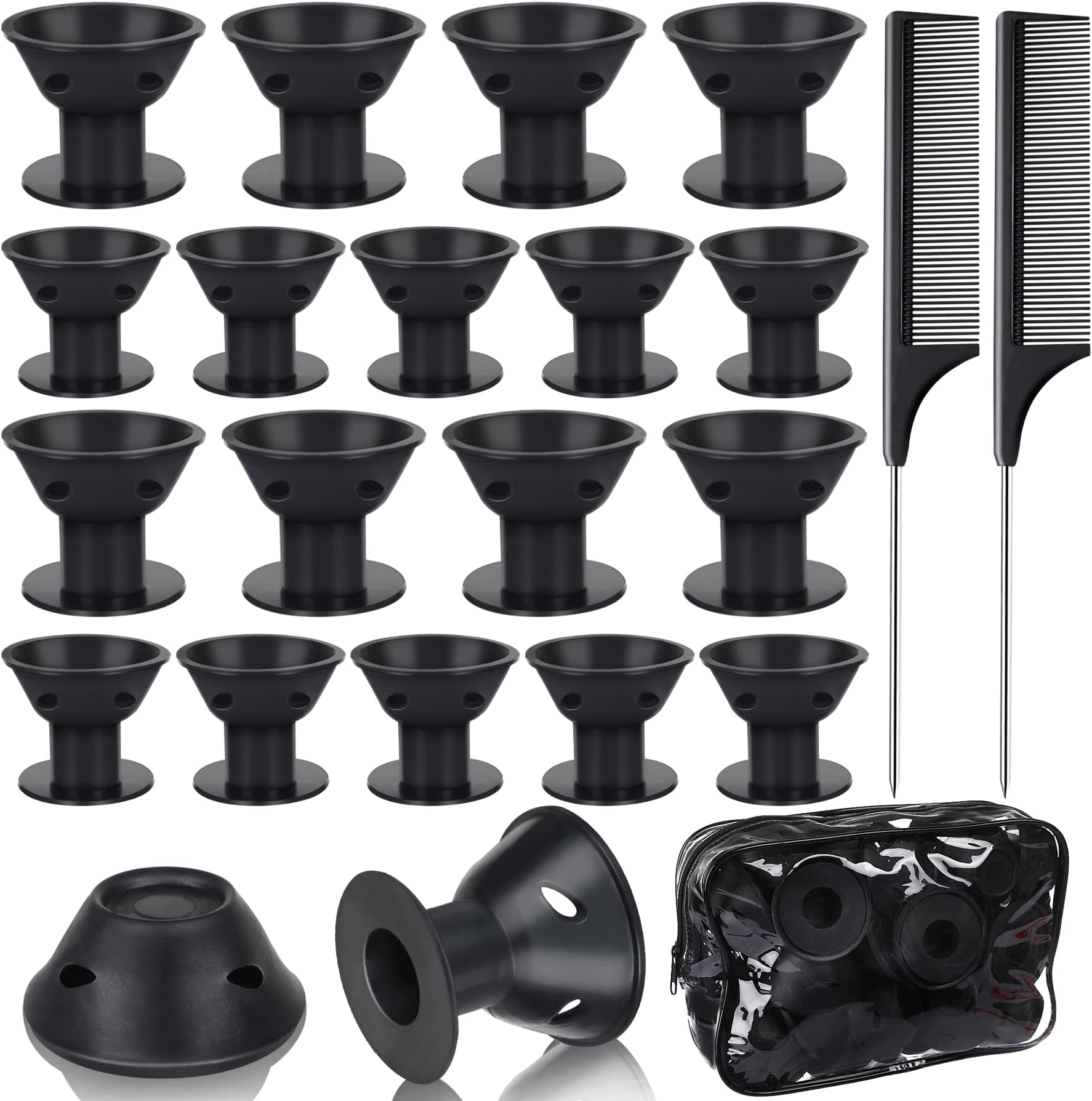 JULBEAR Heatless Curling Set for Women & Girls: 60 Black Rollers (30 Large & 30 Small Silicone) for Long & Short Hair, Headband & Combs Included