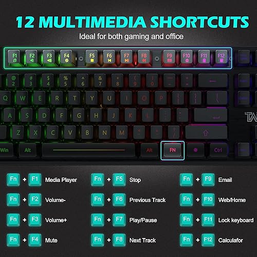 Miniatura 6 de Teclado para juegos, teclado de membrana con cable de 105 teclas, teclado retroiluminado LED arcoíris, diseño de tecla flotante, panel de aleación