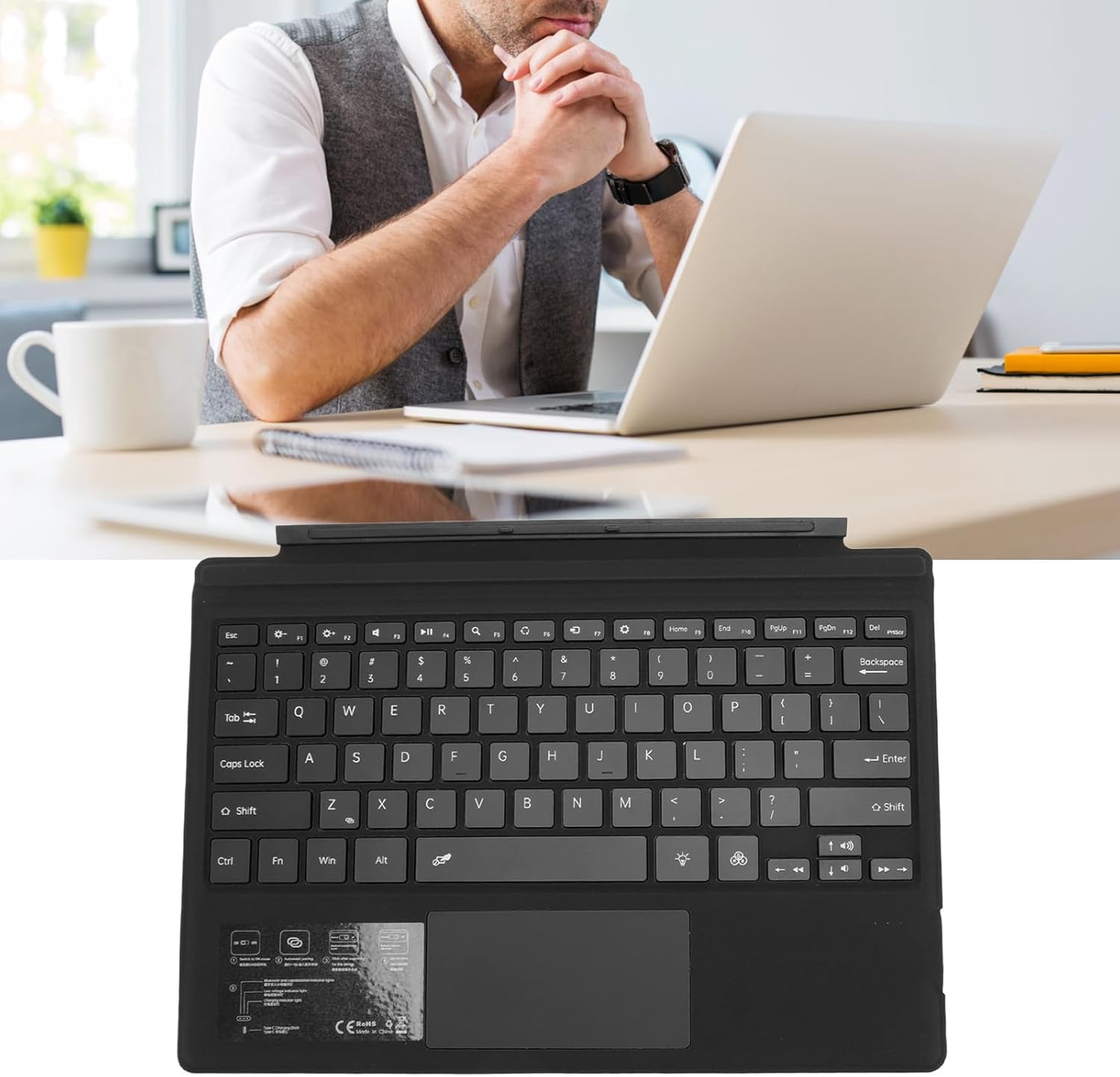 Yunir Bluetooth Tablet Keyboard Rechargeable, Magnetic Portable Backlight Keyboard with Touchpad, for Pro 3 4 5 6 7, 60hr Battery and 10M 32.8ft Working Distance (Black)