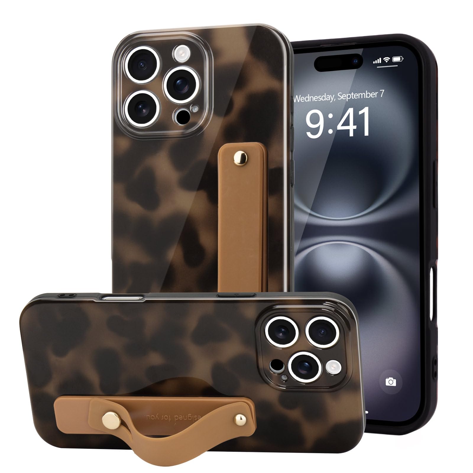 LAPOPNUT for iPhone 16 Pro Max Case with Wrist Strap, Cheetah Leopard Tortoise Shell Print Shockproof Soft TPU Protective Case Women Girls Slim Anti