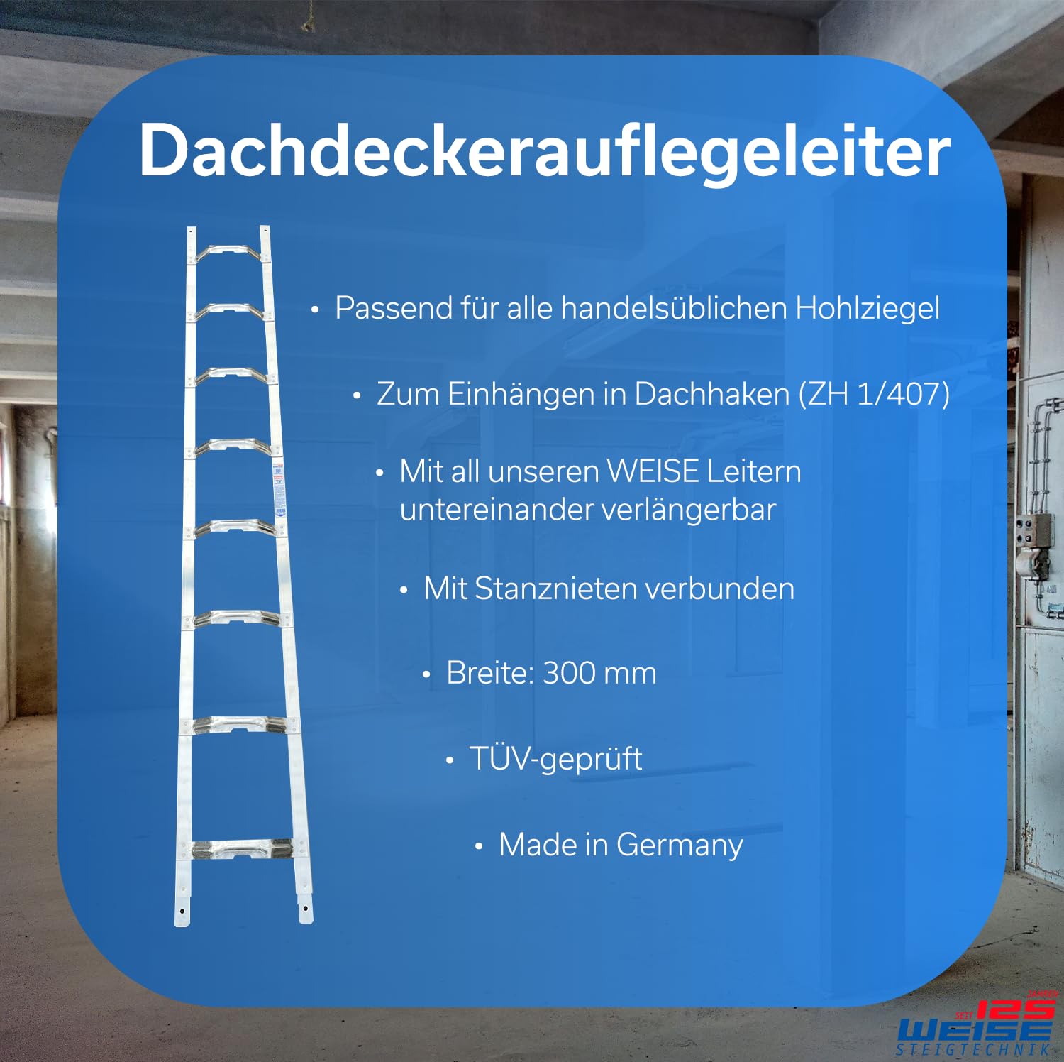 Weise Dachauflegeleiter 7,06 m mehrteilig, 26 gewölbte Bremer Sprossen, robuste 30 cm breite Dachleiter Alu-Konstruktion, passend für alle Hohlziegel, eingenietete Verbindungslaschen, nach BGR 203