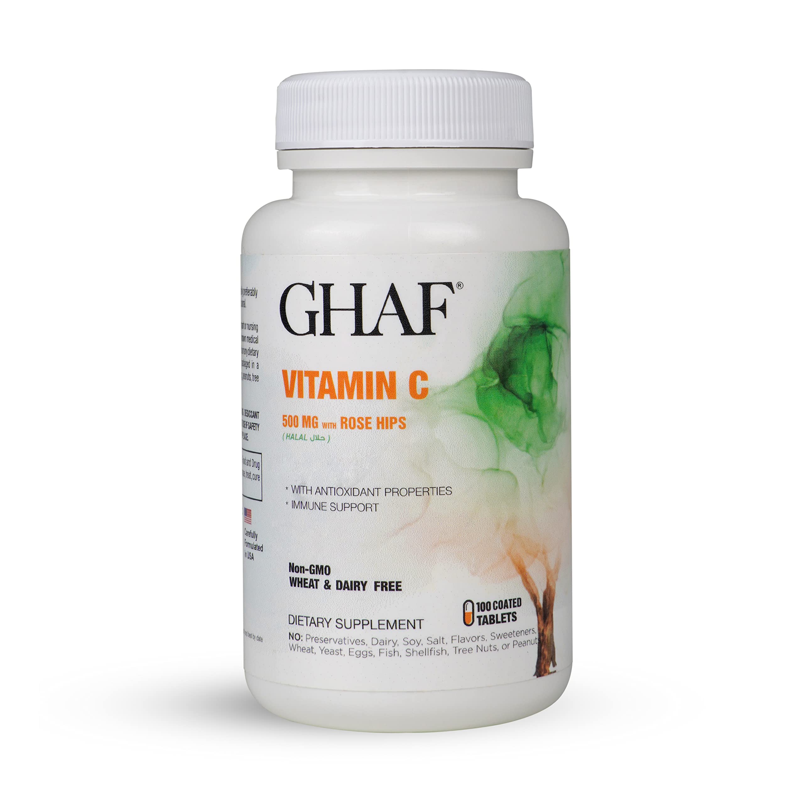 GHAF Vitamin C 500 mg with Rose Hips, for Immune-Antioxidant Support, 100 Coated Tablets