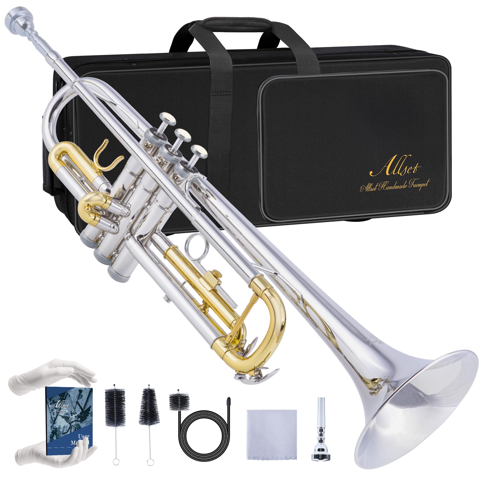 ALLSET Bb Standard Trumpet for Beginners | Student Band, Orchestra, Pro Level Performance | Professional Brass Trumpet Kit with Hard Case, 7C Mouthpiece&amp; Cleaning Kit | Advanced Students Silver