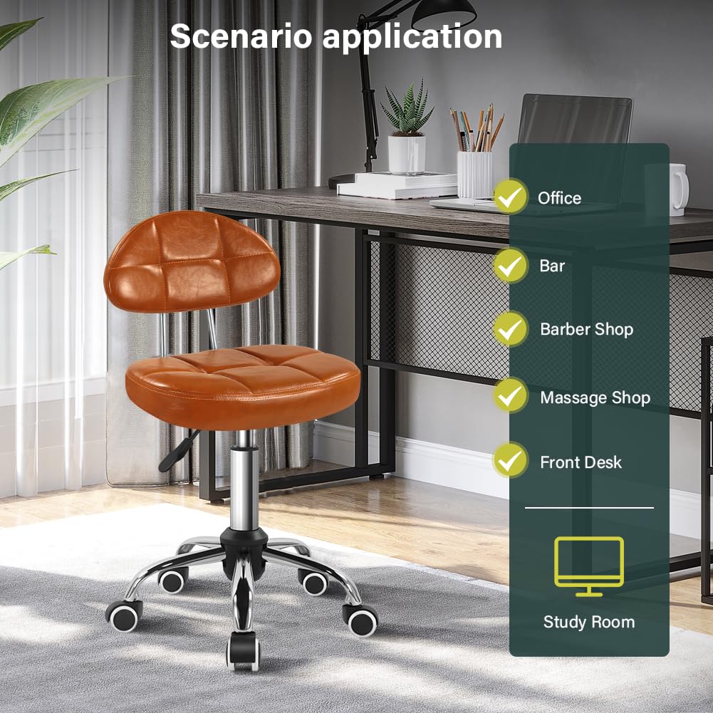 BFTOU Sgabello girevole quadrato minimalista con ruota, perfetto per lavoro, spa, negozi, massaggi, altezza regolabile e conveniente, sedia con schienale (marrone)