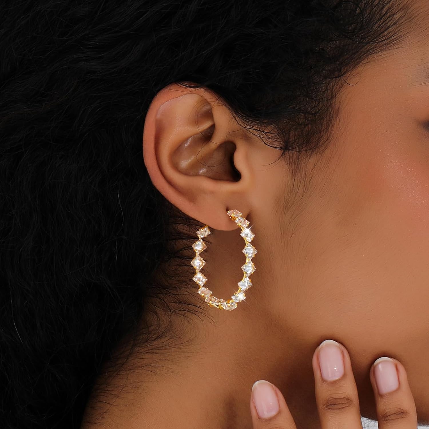 Crystal Hoop Earrings for Women Silver Large Hoops Earrings 14K Gold Plated Cubic Zirconia Earrings for Women Party Dance Fashion Hypoallergenic Jewelry Gift for Her Sparkly Hoops With Crystals for Womens - Image 3