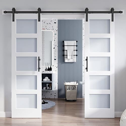 Puerta corrediza tipo granero con 5 paneles de vidrio esmerilado, madera laminada enchapada y revestimiento PVC, kit de herraje 8 pies, impermeable,