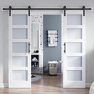 Double 24×84 Inch Glass Barn Door Slab and 8ft Hardware Kit Included, 5 Frosted Glass, LVL Wood Panel Covered with White Water-Proof Scratch-Proof PVC Surface, Simple DIY Assembly