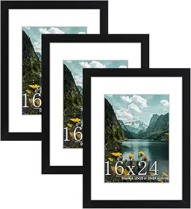 Picrit 16x24 Picture Frame 3 Pack, Black Poster Frame, Display Poster 12 x 18 with Mat or 16 x 24 without Mat for Horizontal or Vertical Wall Mounting