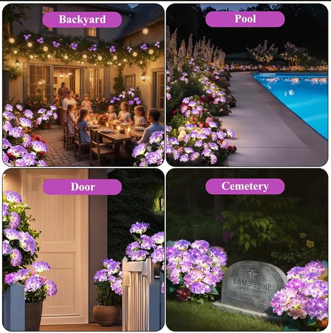 Garden Lights Solar Flower Light, LED Solar Powered Outdoor Light Decor for Path Yard Walkway Patio Balcony Lawn, Hydrangea Artificial Flower (Purple, 2)