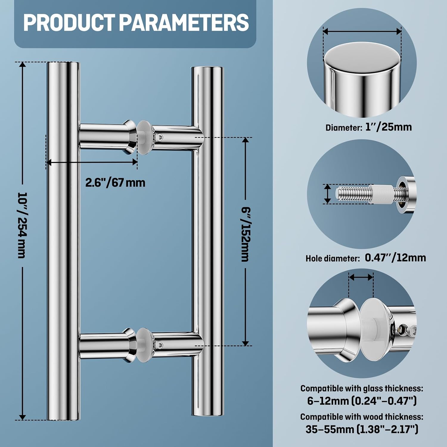Ranbo 10" Overall Length Back-to-Back Door Pull Handle, 6" (152 mm) Hole Spacing, Polished Chrome Finish, 1.0 mm 304 Stainless Steel for Shower Glass, Barn,Wood and French Doors