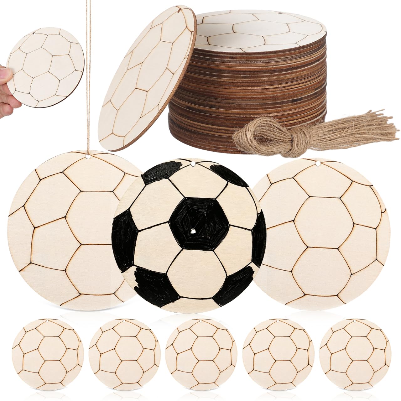 NUOBESTY 30pcs Soccer Ball Unfinished Wooden Cutouts with Rope
