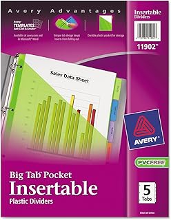 Avery 11902 Pocket Insertable Dividers, Plastic, 5-Tab, Multi-Color