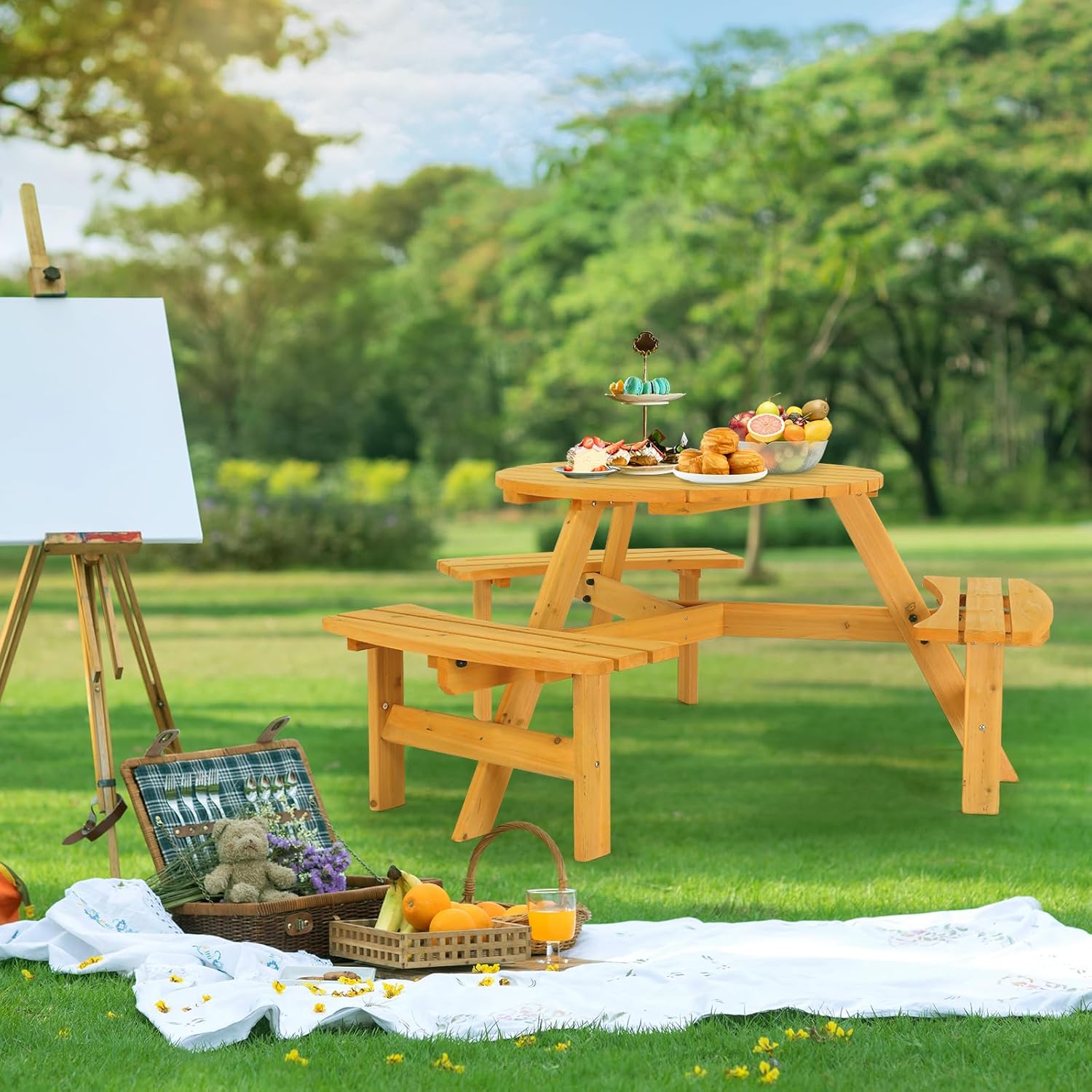 Outdoor Picnic Table Set,6-Person Outdoor Circular Wooden Picnic Table with 3 Built-in Benches, Outside Table and Bench Set for Porch Backyard Patio Lawn Garden
