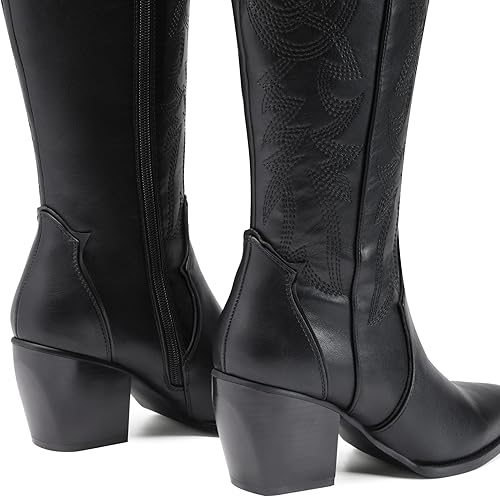 Miniatura 6 de Dream Pairs - Botas vaqueras para mujer, cómodas, con cremallera, tacón grueso, puntera puntiaguda, bordadas, botas altas hasta la rodilla