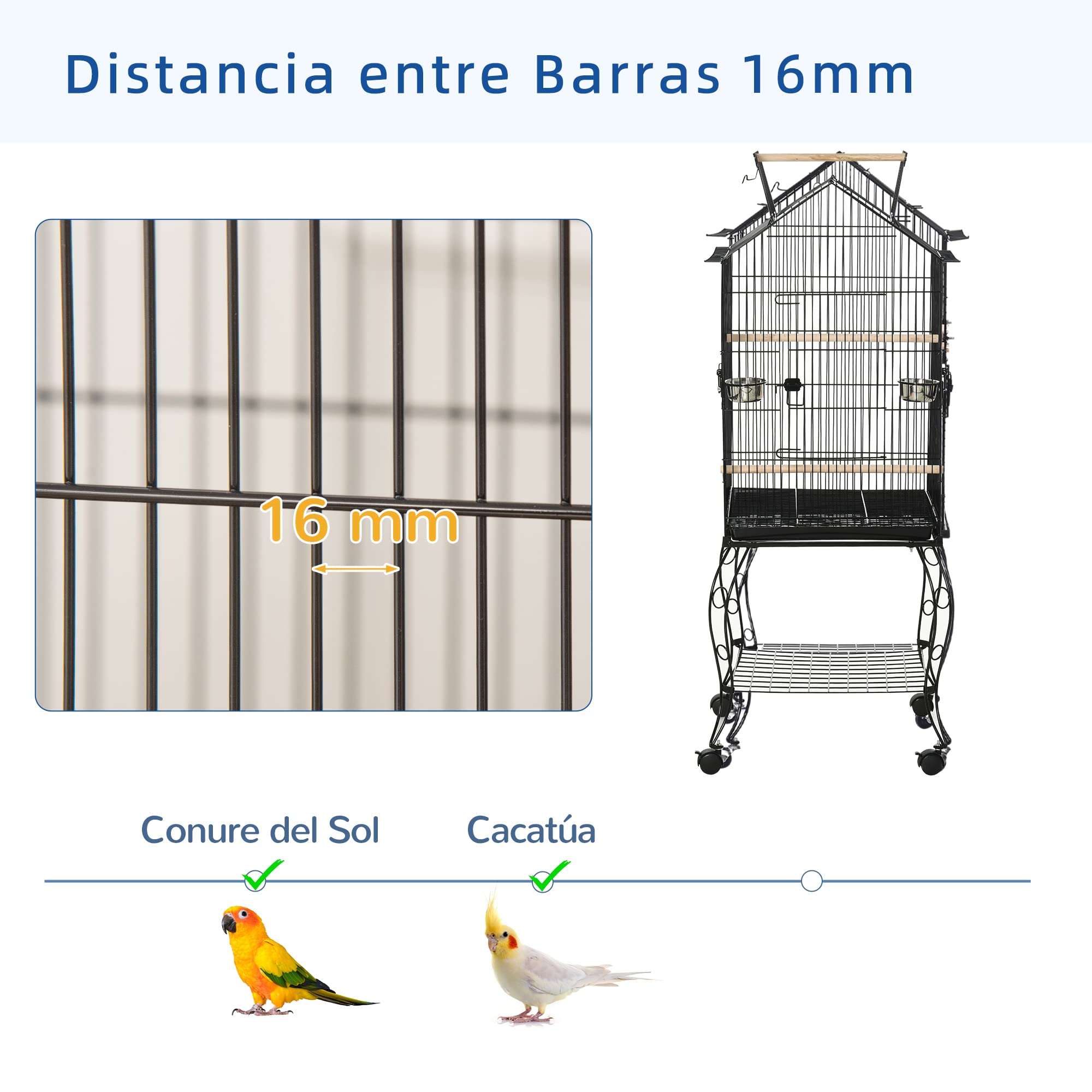 PawHut Jaula para Pájaros con 3 Puertas 2 Comederos 50x58x145 cm Negro | Pajarera Metálica, 3 Perchas, Bandeja Extraíble, Estante Abierto, 4 Ruedas, para Canarios Periquitos