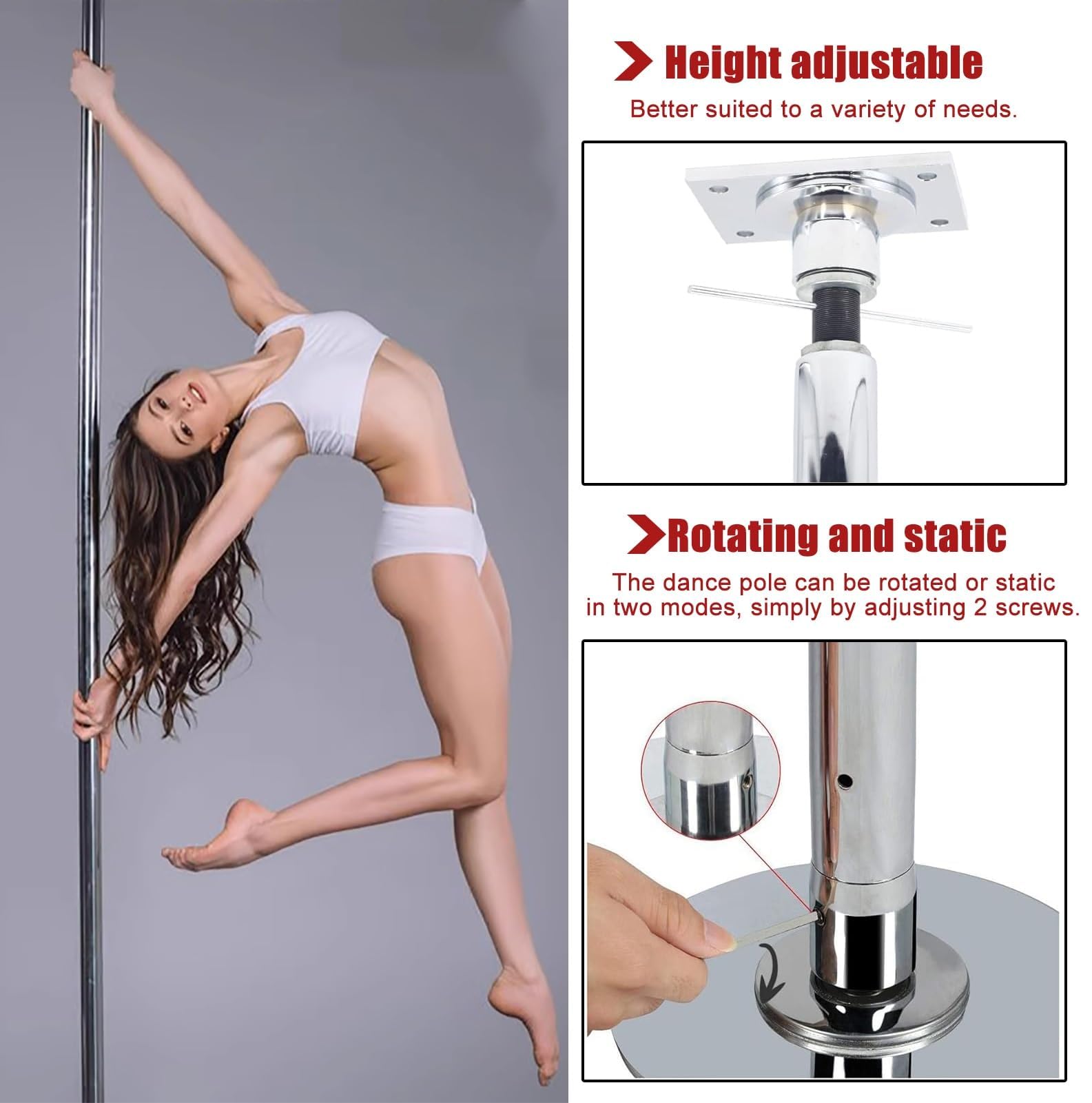 Robuste Tanzstange, professionelle permanente Abisolierstange, 45 mm drehend und statisch, mit Deckenhalterung und Verlängerung, für das Fitnessstudio zu Hause