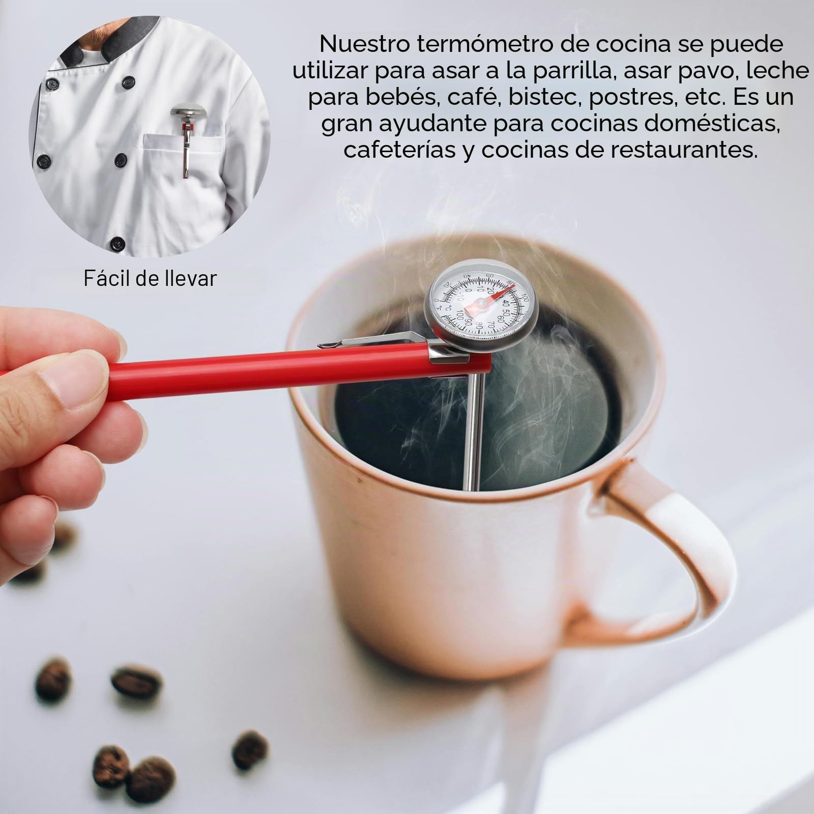 Termómetro analógico para carne de 120 cm, de acero inoxidable con sonda larga y clip, para leche Barista, asar, cocina, líquidos