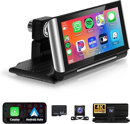 Rimoody 6.86" Wireless Carplay Android Auto Portable Car Stereo with 4K Dash Cam - 1080p Backup Camera, HD IPS Screen, Loop RecordingAirPlayAndroid